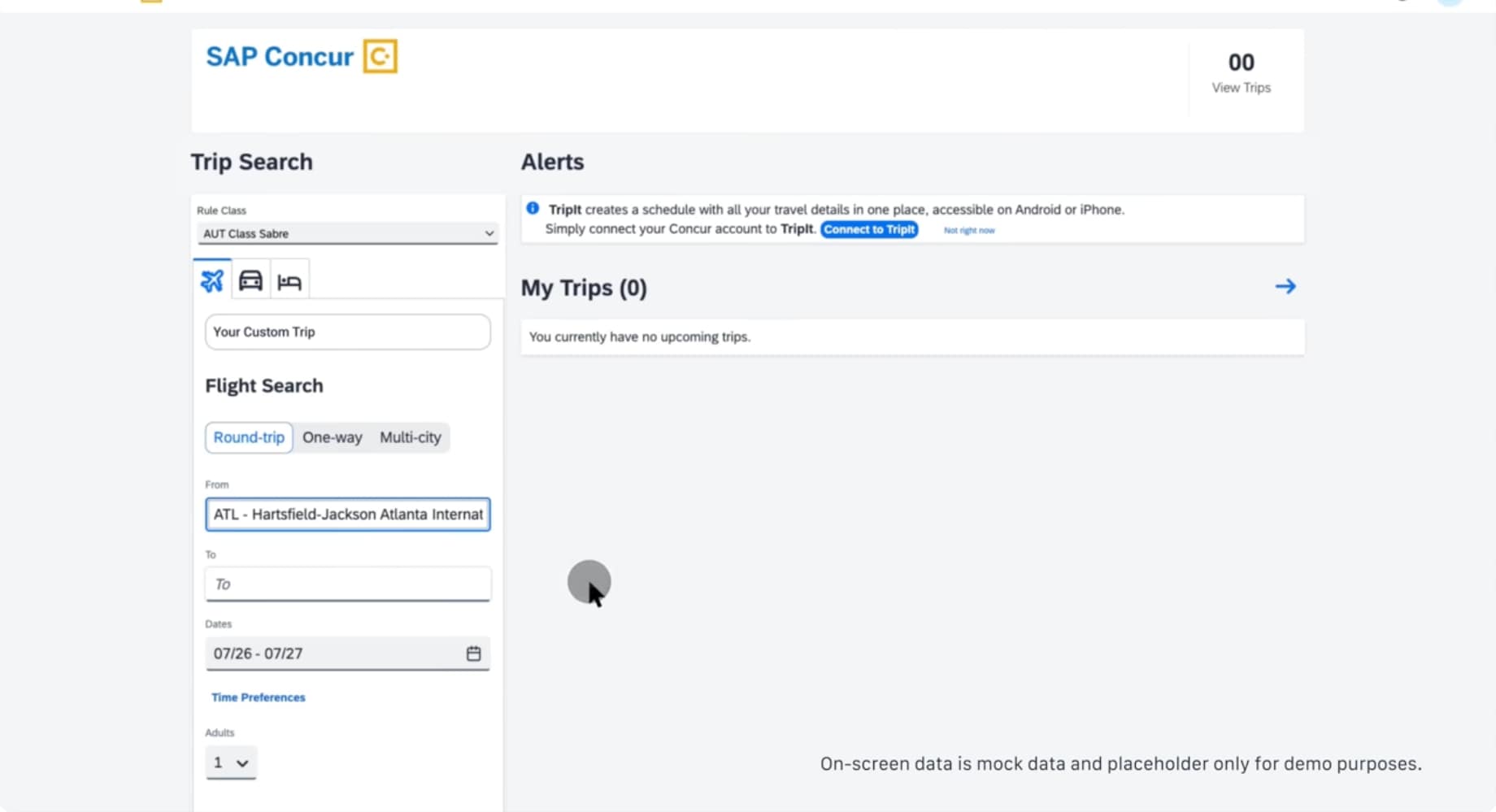 Concur travel user experience screen for booking flights