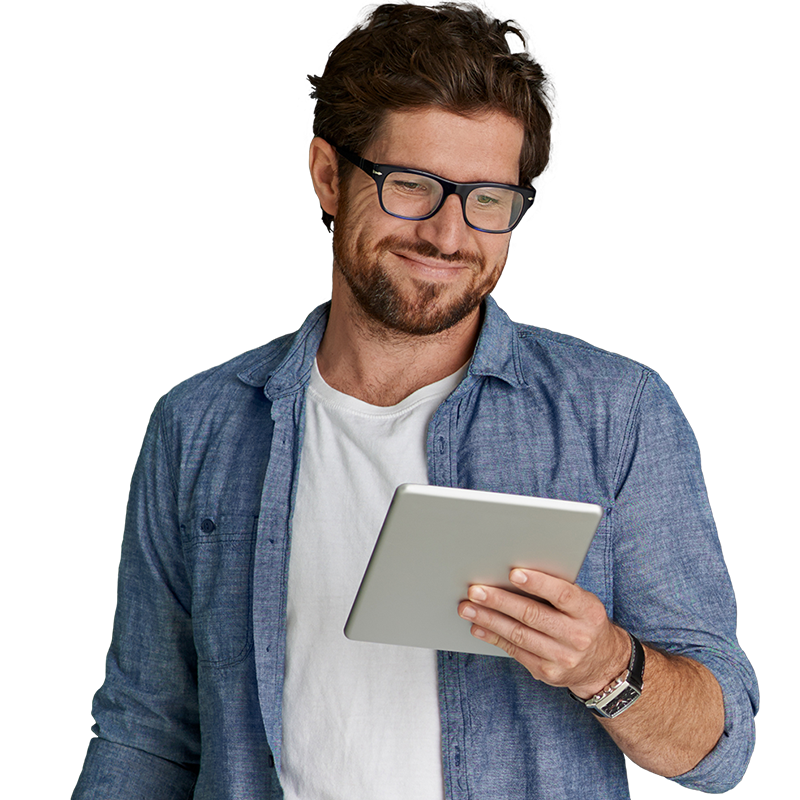 man looking at tablet