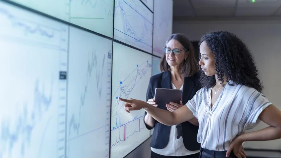 Woman pointing at monitor screen
