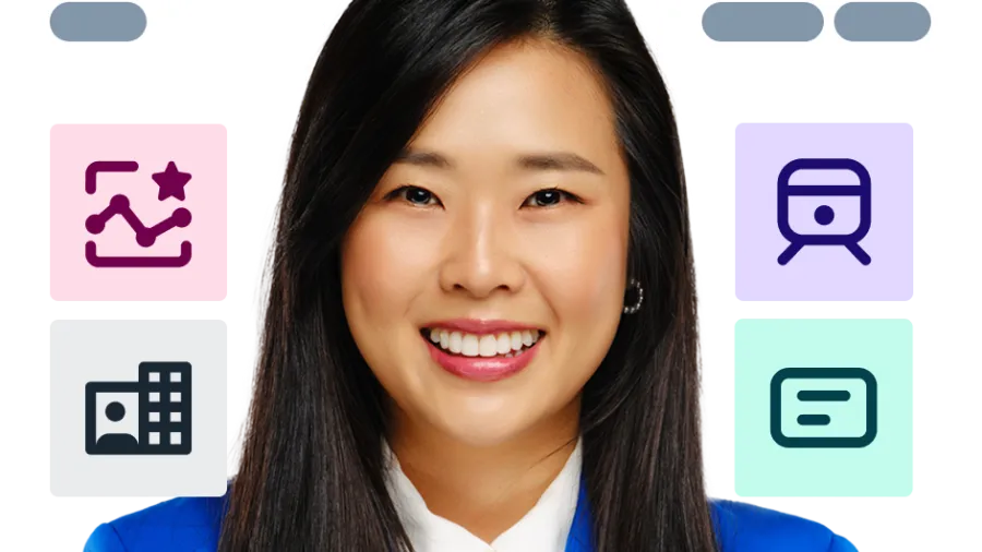business professional smiling surrounded by business benefits