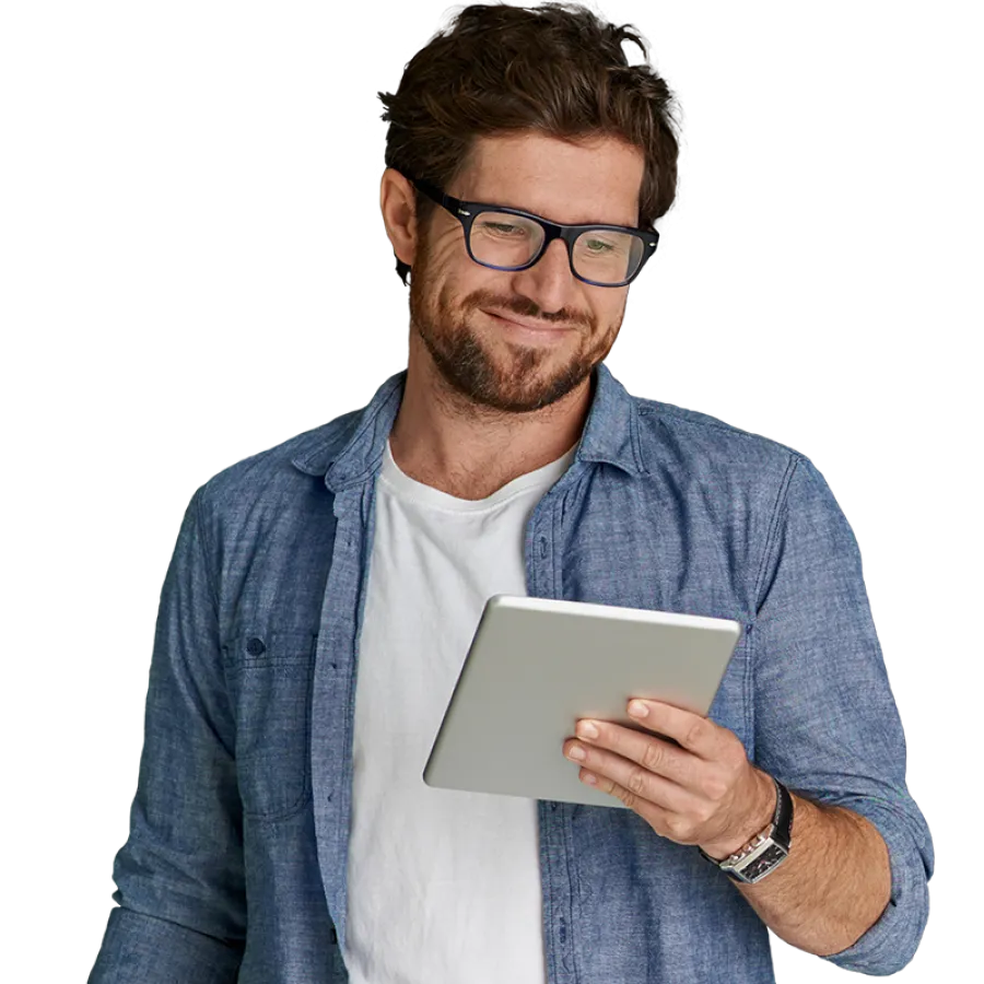 man looking at tablet