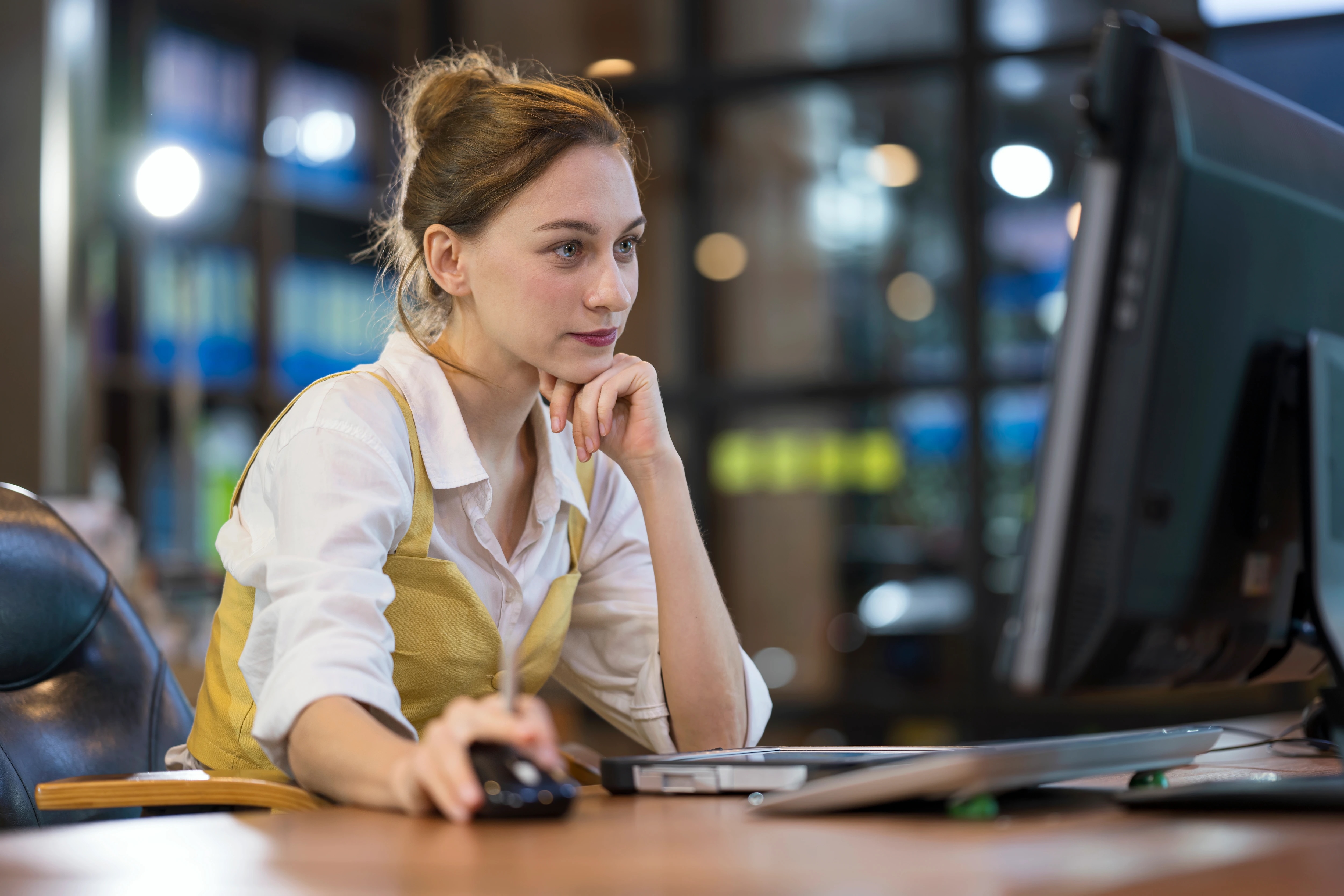 Woman in white blouse and yellow vest using a computer